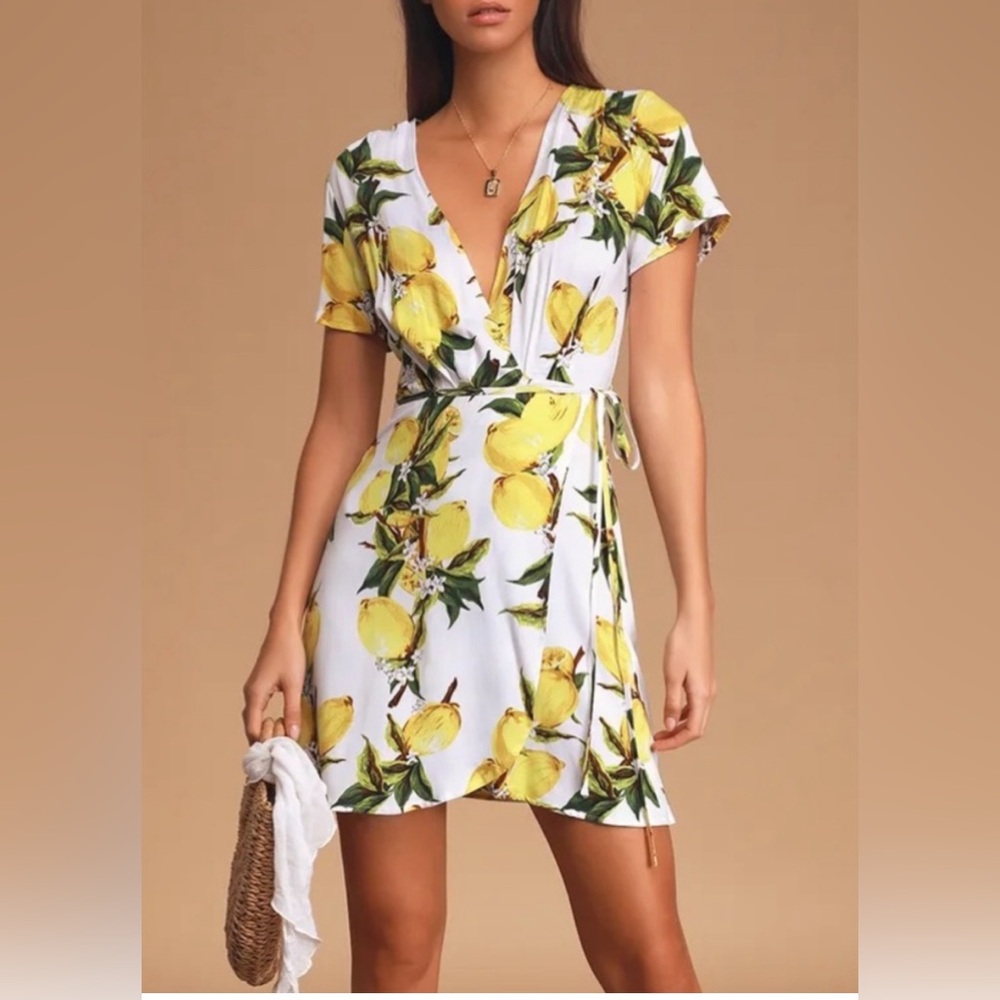 Lemon Print Wrap Mini Dress